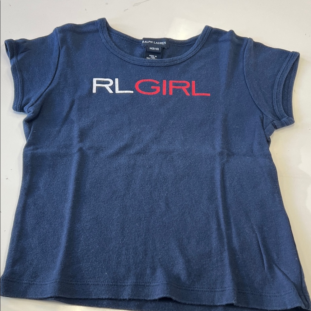 Ralph Lauren logo navy Tee shirt girls medium (8-10) vintage 100% cotton